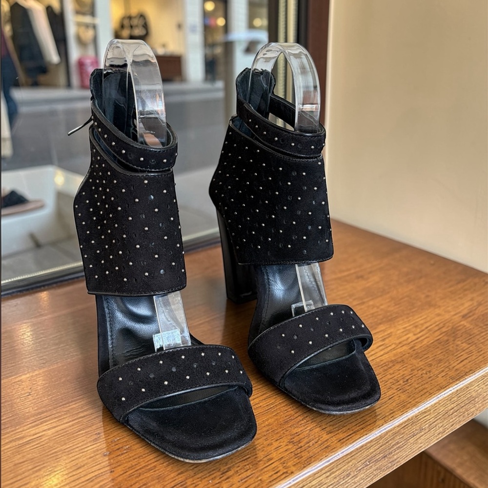 Studded Italian Black Suede High Heel Bootie Sandals - Women